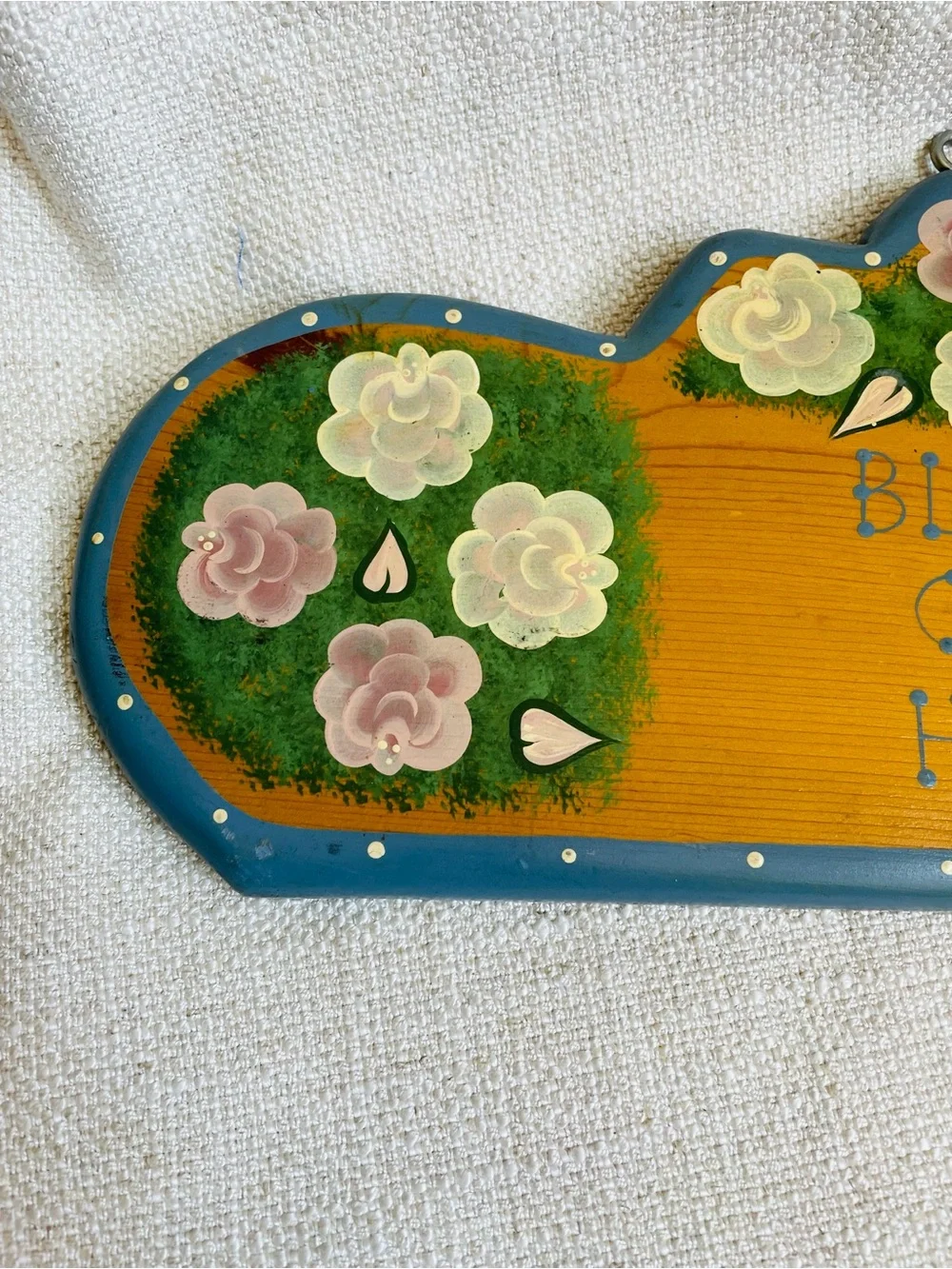 Vintage Handpainted Folk Floral 'Bless Our Home' Solid Wood Wall Plaque 16 x 8